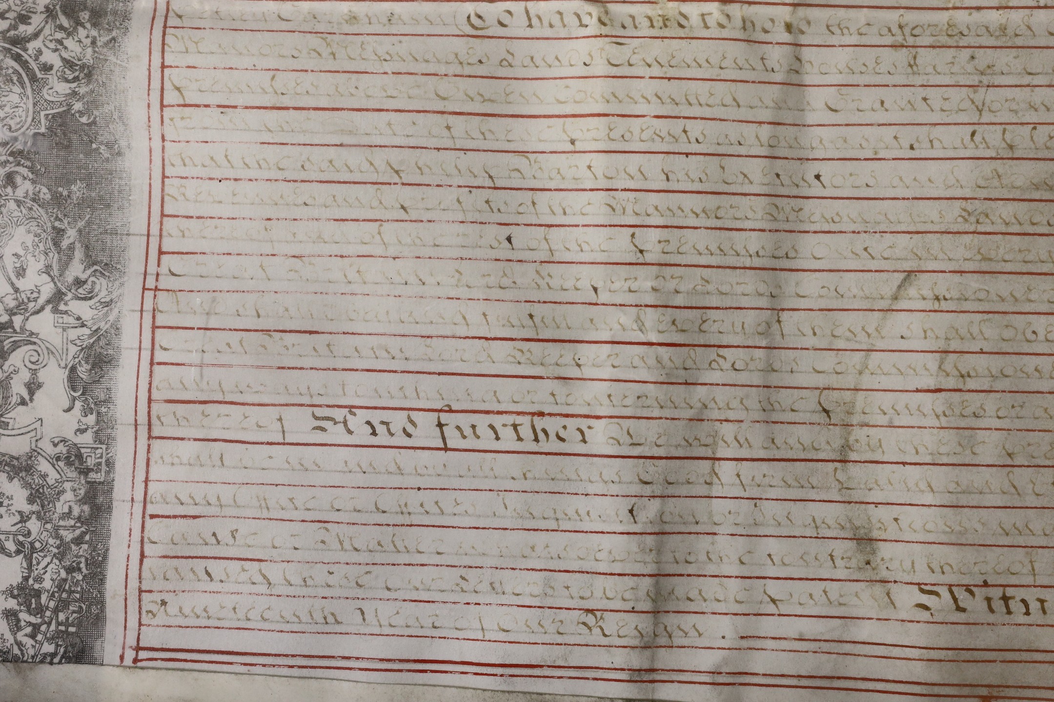 A George II Grant by letters patent of the estate of Petley Garnham of Chieveley in Berkshire, a lunatic; 28 Jan 1746, with wax great seal, 82cms wide x 68cms high